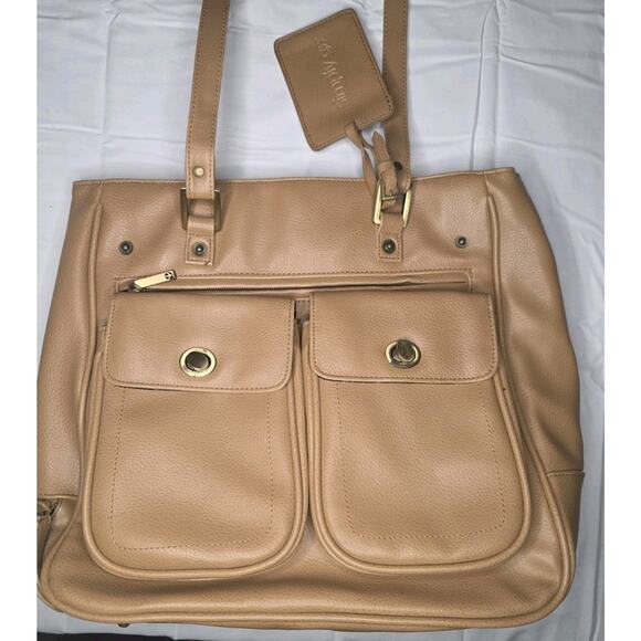 Simply Go Travel Tote Bag Tan Faux Leather Zip Top Dual Front Pockets - Picture 1 of 6